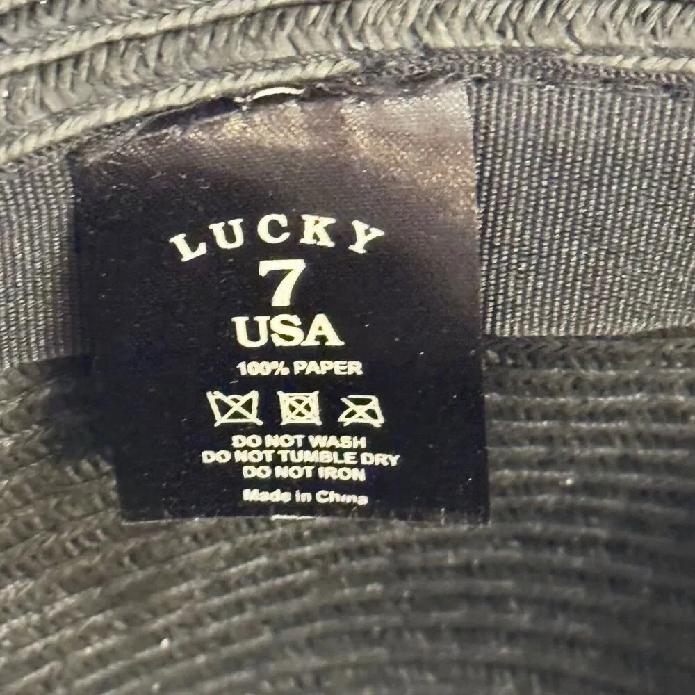 Lucky 7 Floppy Wide Brim Black Straw Hat One Size